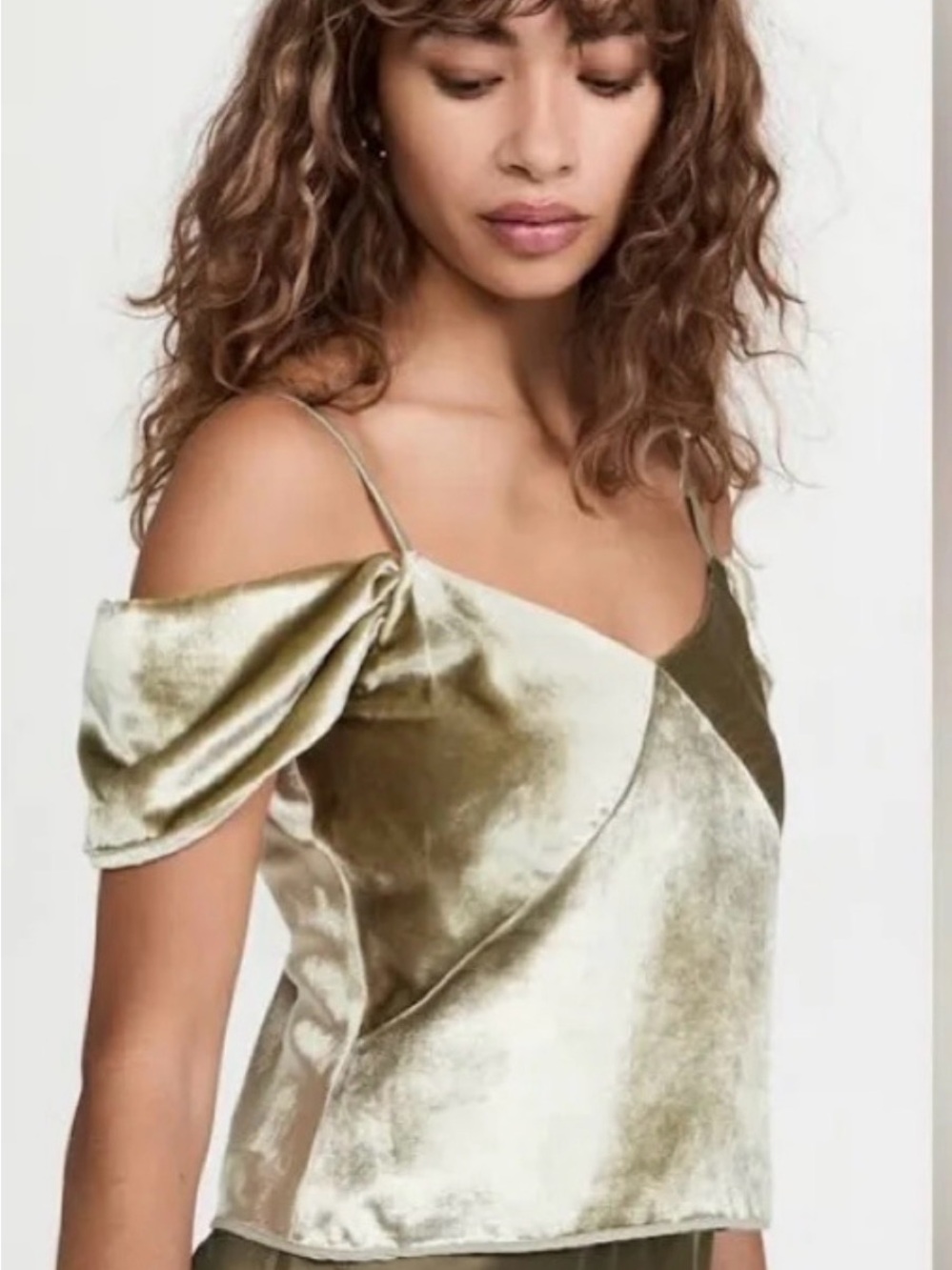 Vince Olive Sage Green Velvet Poet Strap Cold-Shoulder Cami